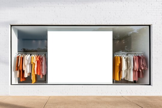 Storefront window display with clothes on hangers and a blank white board