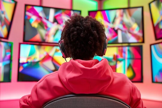 Person wearing headphones facing multiple screens with abstract colorful graphics