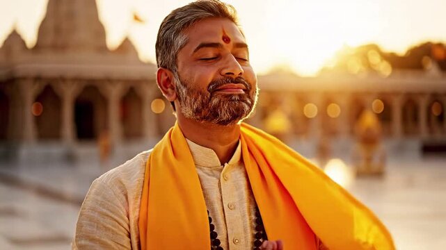 Devout Indian man with eyes closed in prayer, hands pressed together in greeting, wearing traditional attire with saffron scarf, bathed in warm golden hour sunlight outside a temple, representing
