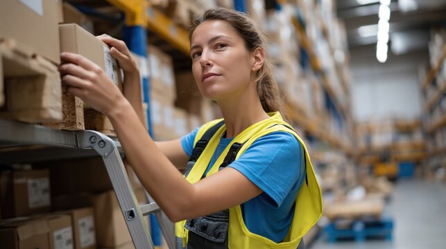 Warehouse worker in her 30s wearing a yellow safety vest organizes boxes on a shelf