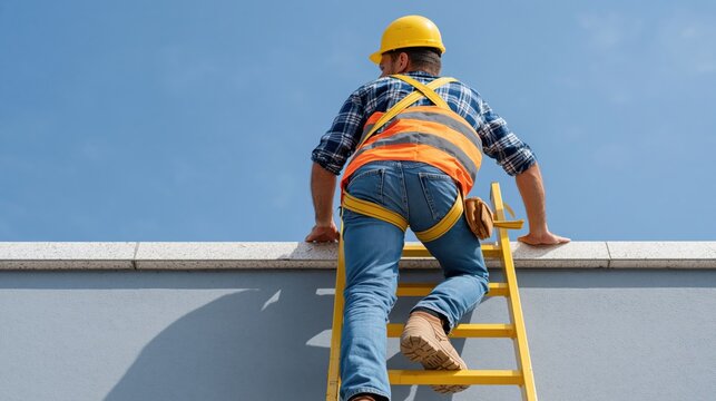 Construction worker in safety gear climbing a ladder towards a rooftop edge