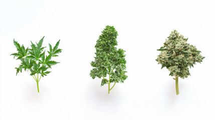 Obraz premium Three distinct cannabis plants, showing varying growth stages and bud formations, are arranged on a clean white background in a studio setting for scientific study.