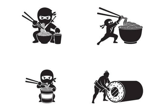 Set of black silhouettes featuring ninjas eating ramen noodles and a sumo wrestler rolling a giant sushi maki roll.