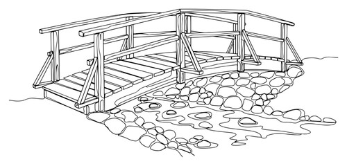 Obraz premium Wooden bridge over rocky stream continuous line art, riverside landscape one line illustration