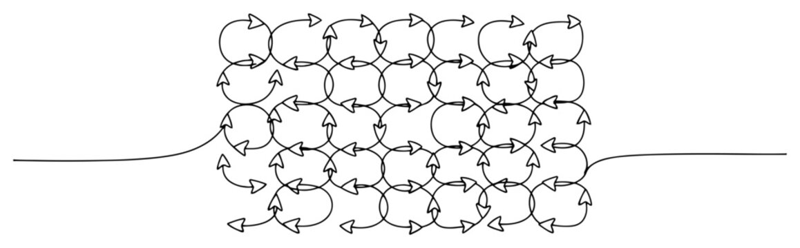 Circular arrow cycle pattern continuous line art, recycling process diagram one line illustration