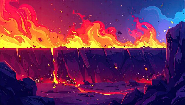 Fiery abstract landscape with lava and rock formations dramatic color contrasts