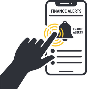 A hand enabling finance alerts on a smartphone screen with a bell icon and yellow signal waves
