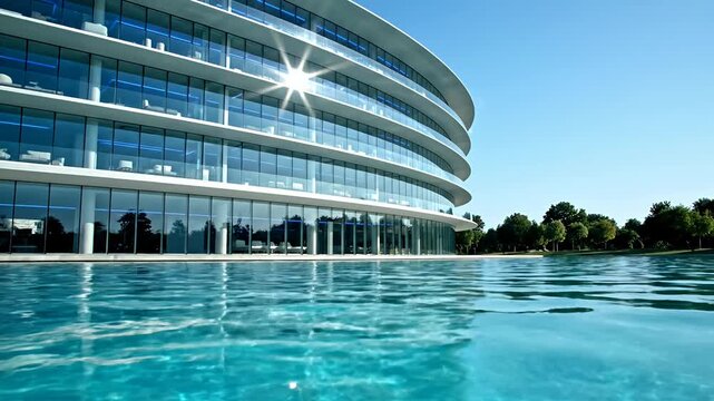 Modern multi story glass building reflecting in blue swimming pool