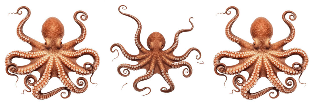 Orange Octopus with Tentacles PNG, Marine Cephalopod Ocean Wildlife Isolated on Transparent Background, Intelligent Sea Creature Clipart.