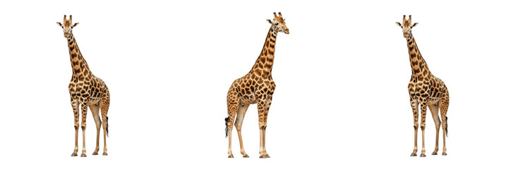 Obraz premium Tall Wild Giraffe Standing Full Body PNG, African Savanna Safari Animal Isolated on Transparent Background, Long Neck Wildlife Creature.