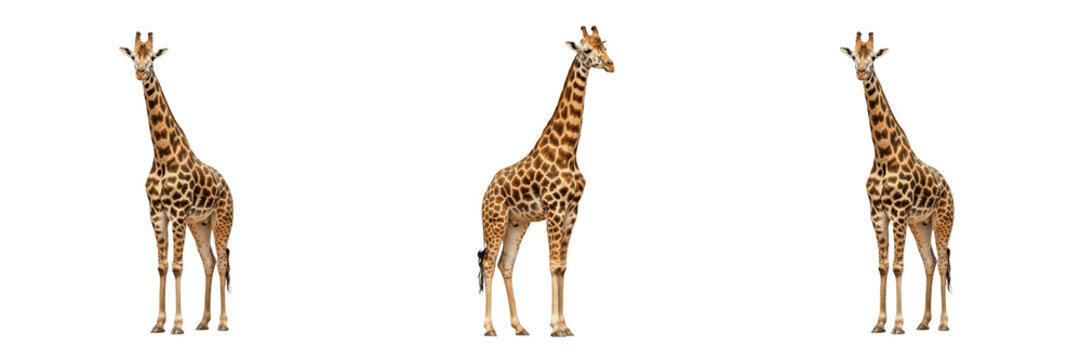 Tall Wild Giraffe Standing Full Body PNG, African Savanna Safari Animal Isolated on Transparent Background, Long Neck Wildlife Creature.