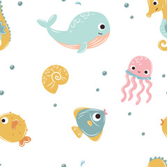 Fototapeta premium Marine life seamless pattern with sea animals and shells in flat style