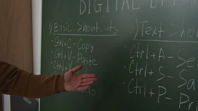 Unrecognizable male teacher giving lecture in computer class for seniors and pointing at board with key shortcut combination explaining basics to students, copy space