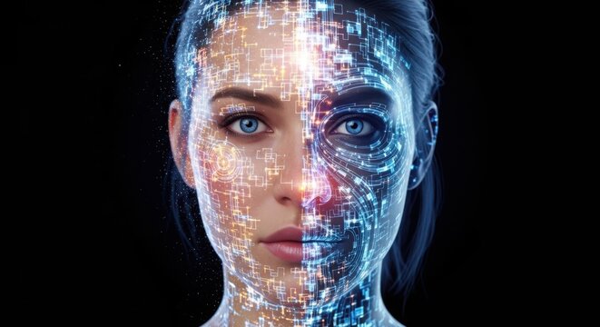 Humanoid face split between human and robotic elements in futuristic blue and gold lighting with digital texture for AI and technology themes.