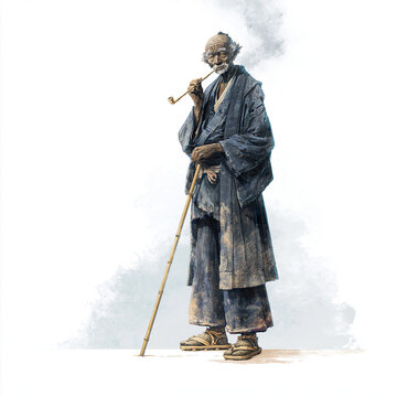 キセルでたばこを吸う商人の老人。日本の明治時代の人物像。高野聖。