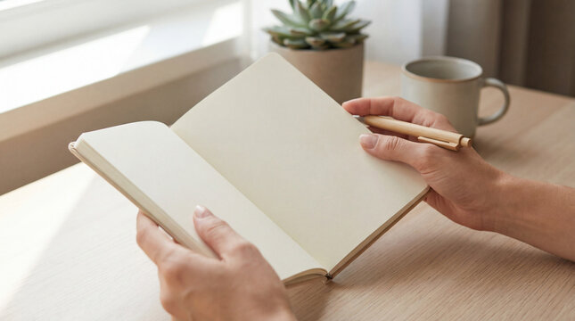 hands blank notebook pen desk writing journal closeup turning open pages beside coffee cup suggesting planning creativity stationery mockup study notes and calm productivity lifestyle