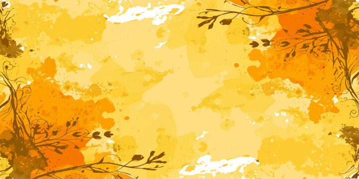 An abstract grunge autumn background featuring a vintage floral design with orange maple leaves and yellow foliage patterns for a seasonal nature wallpaper illustration