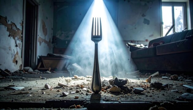 A solitary silver fork stands upright amidst dusty debris under a dramatic spotlight in an abandoned interior, creating a moody and highly artistic atmosphere.