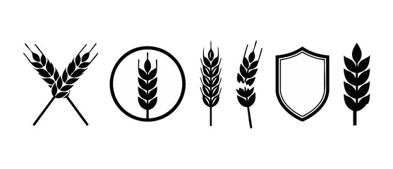 Fototapeta premium Wheat Ears Vector Icons Set, Organic Grain Agriculture Symbols, Simple Black Farm Logo Design Elements, Cereal Crop Silhouette Collection, Healthy Food Graphic Shapes for Branding and Packaging Identi