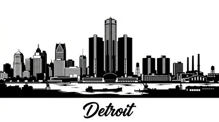 Obraz premium Black and white skyline silhouette of Detroit featuring Renaissance Center, historic industrial architecture, and riverfront. No people. Strong contrast. Bottom: 