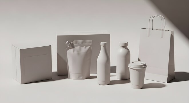 A mockup set of white objects, including bottles and containers, arranged on a table for a product display.