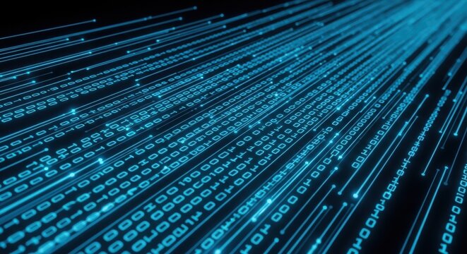 Digital data streams in abstract futuristic style with blue glowing light on a dark background for technology and network visualization.