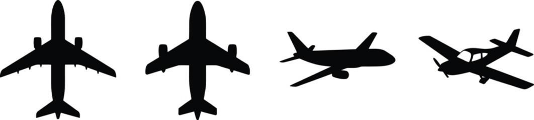 A collection of diverse black airplane silhouettes, including passenger jets and a propeller plane, presented as a clean vector graphic illustration for aviation design. © SKY DRIVE