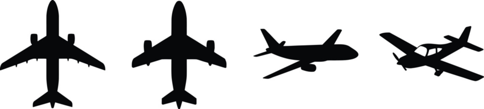 A collection of diverse black airplane silhouettes, including passenger jets and a propeller plane, presented as a clean vector graphic illustration for aviation design.