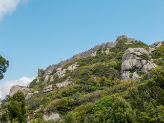 Fototapeta premium Castelo dos Mouros à Sintra (Portugal), remparts médiévaux dominant une colline boisée sous ciel bleu