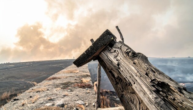 A heavily weathered and scarred wooden timber plank acts as a makeshift structural component, positioned against a stark landscape under a cloudy, atmospheric sky at sunset or dawn.