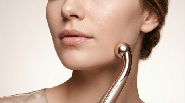 Premium skincare close-up smooth lower face with luxury beauty tool