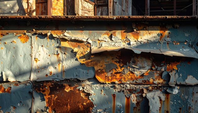 A close up view of heavily rusted and peeling paint on an old metal surface revealing layers of past colors and deep oxidation showing the passage of time on an industrial structure.