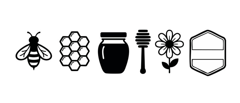Honey bee and beehive icons set for organic product design. Flat black vector illustration of honey jar, dipper, floral nectar and honeycomb hexagon symbol isolated on white background for web graphic