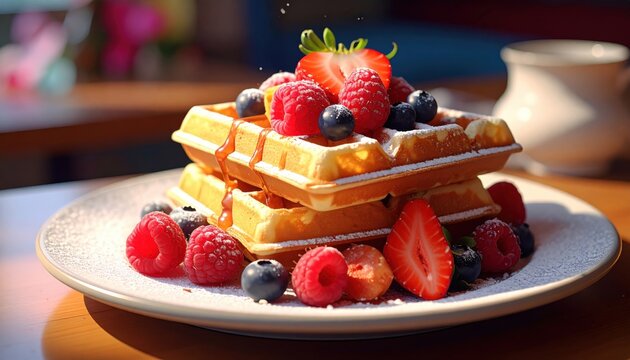 A stack of golden Belgian waffles topped with fresh strawberries, raspberries, and blueberries drizzled in sweet syrup on a white ceramic plate.
