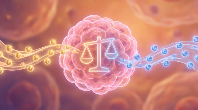 3D cell balance scale hormone equilibrium golden blue molecule biology medical illustration render