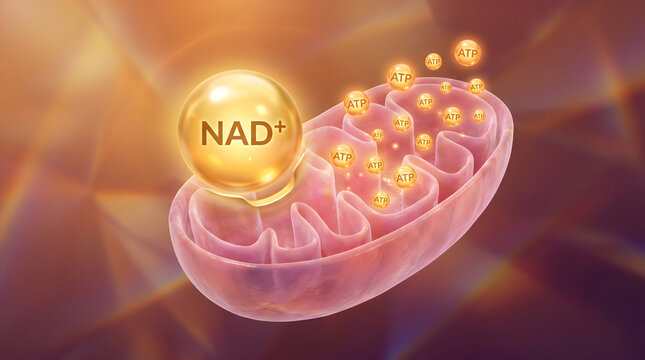 3D mitochondria NAD plus ATP molecule golden sphere energy production cell biology medical