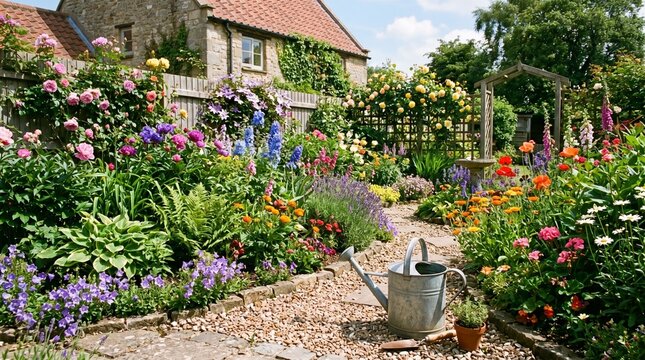 Charming cottage garden overflowing with colorful blooms and lush greenery