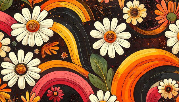 Retro floral pattern with daisy flowers and vibrant colorful rainbow waves on dark background for wallpaper. AI Generated