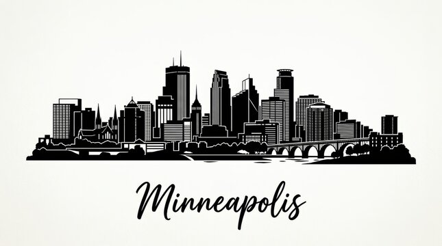 Silhouette skyline of Minneapolis including IDS Center and modern glass towers. Clean monochrome design, no people. Bottom: "Minneapolis" handwritten typography.