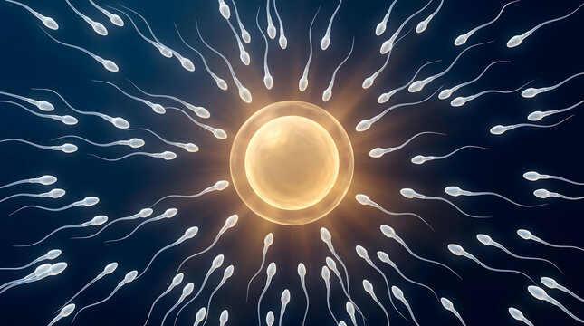 3D rendered sperm cell approaching glowing luminous egg ovum for fertilization dark black background biology
