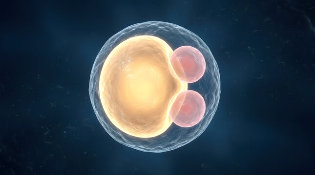 3D rendered two cell stage embryo with polar body zona pellucida floating in dark blue space
