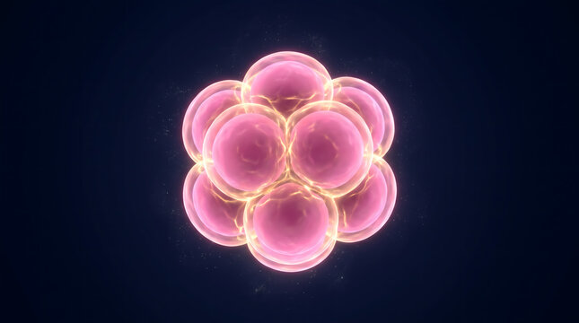 3D rendered eight cell morula embryo with pink glowing blastomere dark navy black background reproductive science