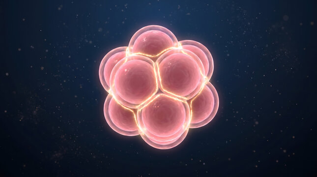 3D rendered eight cell morula embryo pink blastomere glowing on dark blue starry space background