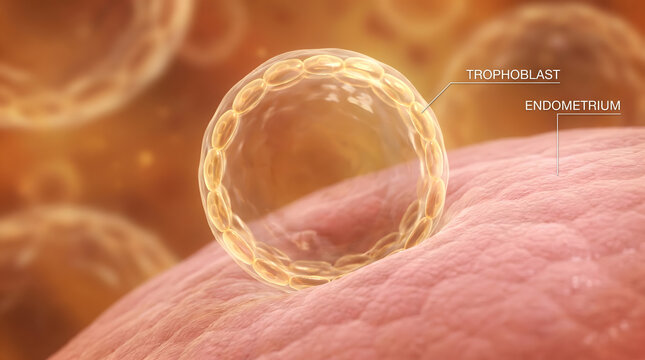3D rendered blastocyst with trophoblast and endometrium label on uterine lining warm golden tone medical