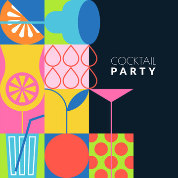 Cocktail party invitation vector banner, flyer on dark background. Modern design with drinks for bar event or poster