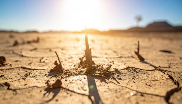 Jagged rusted metal shrapnel fragments embedded in the dry parched earth of a desolate landscape during a golden sunset, representing industrial decay and forgotten history of the past.