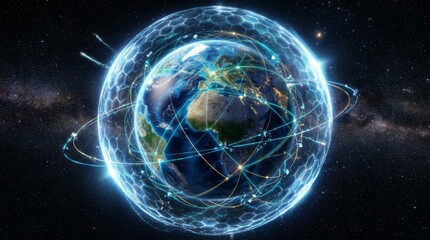 Naklejka premium Global digital network connection around planet earth in space with starry galaxy background