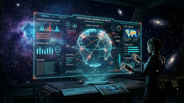 Futuristic global data visualization interface on screen against cosmic space background