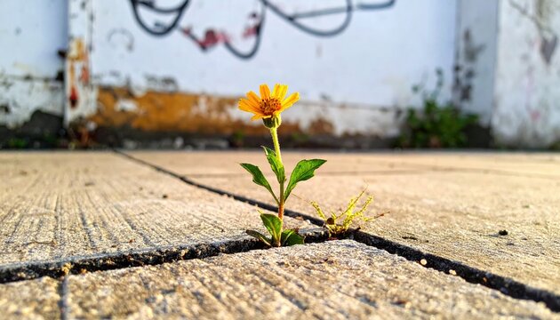 A solitary yellow wildflower growing through a crack in a concrete pavement, capturing the essence of resilience and nature against an urban backdrop.