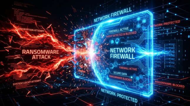 Digital network firewall shield blocking red ransomware attack on dark cyber background